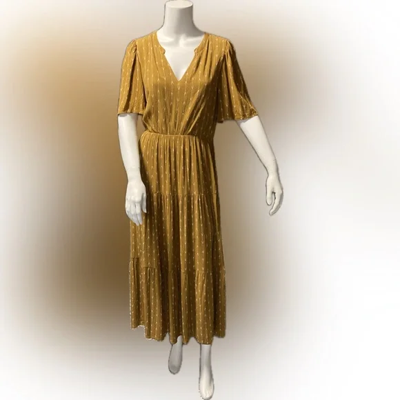Garnet Hill Gold Maxi Dress Loose Flowy Fit Boho Short Sleeve Woman Size Medium - Picture 2 of 10